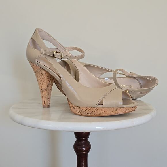 Franco Sarto Shoes - NEW FRANCO SARTO Women's Peep Toe Strappy Heel Patent Leather Cork Heels Nude 7
